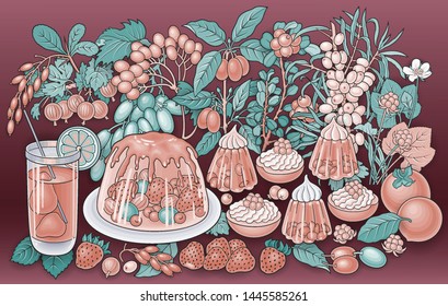 Sweets, berries, fruits, drinks hand drawn vector doodles illustration. Nature and food elements and objects cartoon background.  