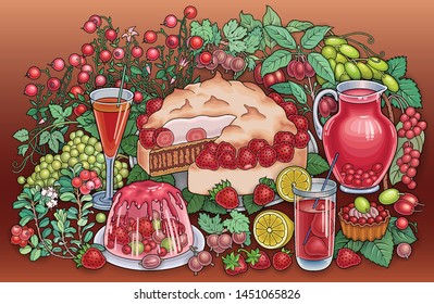 Sweets, berries, fruits, drinks hand drawn vector doodles illustration. Nature and food elements and objects cartoon background.  