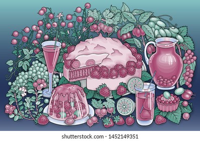 Sweets, berries, fruits, drinks hand drawn vector doodles illustration. Nature and food elements and objects cartoon background.  