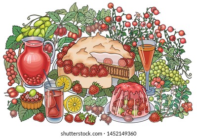 Sweets, berries, fruits, drinks hand drawn vector doodles illustration. Nature and food elements and objects cartoon background.  