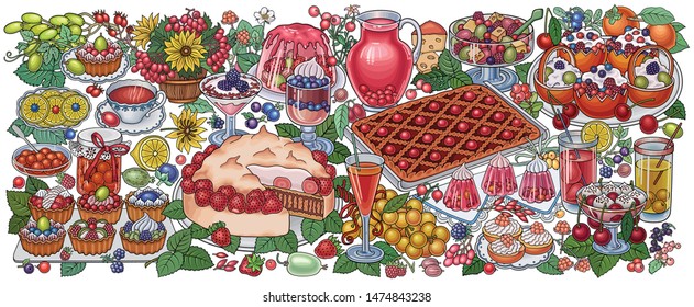 Sweets, berries, fruits, drinks hand drawn vector doodles illustration. Nature and food elements and objects cartoon background.  