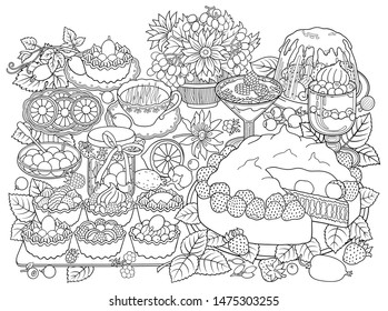 Sweets, berries, fruits, drinks hand drawn vector doodles illustration. Nature and food elements and objects cartoon background.  