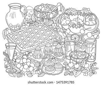 Sweets, berries, fruits, drinks hand drawn vector doodles illustration. Nature and food elements and objects cartoon background.  