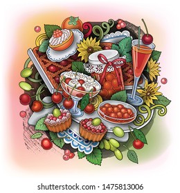 Sweets, berries, fruits, drinks hand drawn vector doodles illustration. Nature and food elements and objects cartoon background.  
