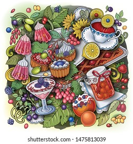 Sweets, berries, fruits, drinks hand drawn vector doodles illustration. Nature and food elements and objects cartoon background.  