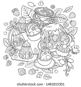 Sweets, berries, fruits, drinks hand drawn vector doodles illustration. Nature and food elements and objects cartoon background.  