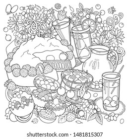 Sweets, berries, fruits, drinks hand drawn vector doodles illustration. Nature and food elements and objects cartoon background.  