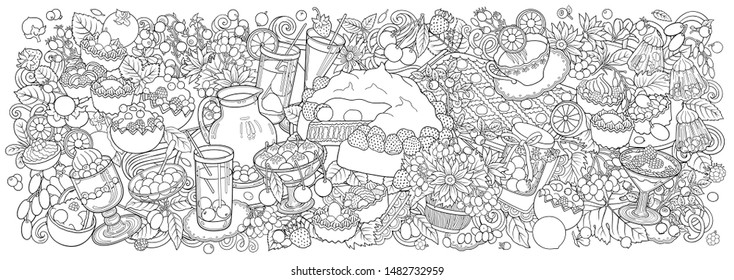 Sweets, berries, fruits, drinks hand drawn vector doodles illustration. Nature and food elements and objects cartoon background. 