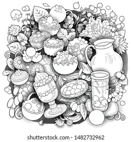 Sweets, berries, fruits, drinks hand drawn vector doodles illustration. Nature and food elements and objects cartoon background.  