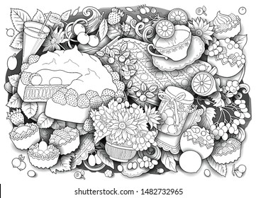 Sweets, berries, fruits, drinks hand drawn vector doodles illustration. Nature and food elements and objects cartoon background.  