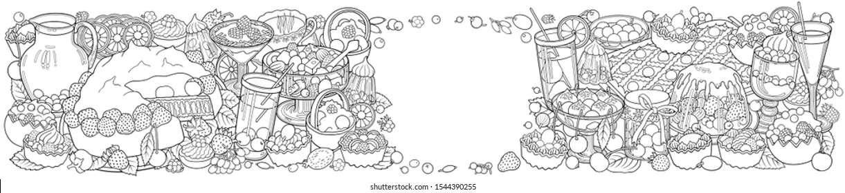 Sweets, berries, fruits, drinks hand drawn vector doodles illustration. Nature and food elements and objects cartoon background.  