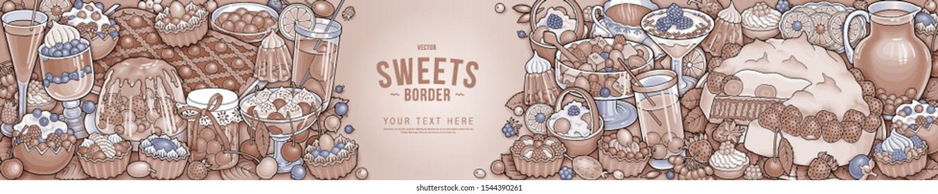 Sweets, berries, fruits, drinks hand drawn vector doodles illustration. Nature and food elements and objects cartoon background.  