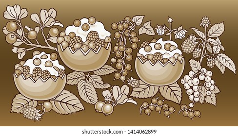 Sweets, berries, fruits hand drawn vector doodles illustration. Nature and food elements and objects cartoon background. Funny picture