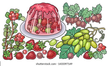 Sweets, berries, fruits, hand drawn vector doodles illustration. Nature and food elements and objects cartoon background.  