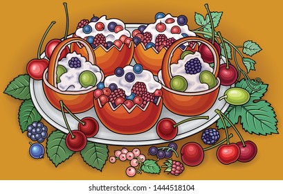 Sweets, berries, fruits hand drawn vector doodles illustration. Nature and food elements and objects cartoon background. Funny picture