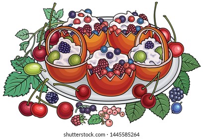 Sweets, berries, fruits hand drawn vector doodles illustration. Nature and food elements and objects cartoon background. Funny picture