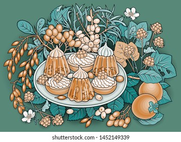 Sweets, berries, fruits hand drawn vector doodles illustration. Nature and food elements and objects cartoon background. Funny picture