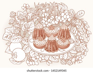 Sweets, berries, fruits hand drawn vector doodles illustration. Nature and food elements and objects cartoon background. Funny picture