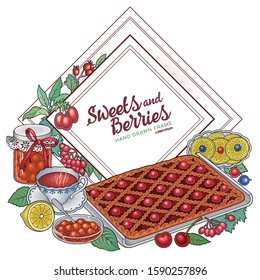 Sweets with berries and fruits hand drawn vector doodles illustration. Nature and food elements and objects cartoon background. Card design
