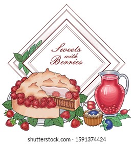 Sweets with berries and fruits hand drawn vector doodles illustration. Nature and food elements and objects cartoon background. Card design