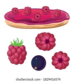 Sweets and berries. Raspberry Eclair on a white background. Isolated. strawberries, raspberries, black currants. Vector illustration