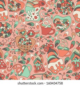 Sweets, birds , cake and tea continuous seamless pattern. Abstract background with abstract objects with flowers , owls. Seamless pattern can be used for web page backgrounds,  wallpapers ,pattern.