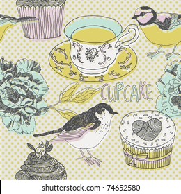 sweets and birds. seamless pattern design