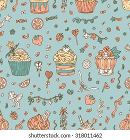 Sweets. Birthday background. Cupcakes Seamless pattern. Hand drawn doodle Party decorations.