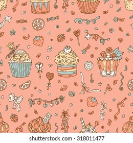 Sweets. Birthday background. Cupcakes Seamless pattern. Hand drawn doodle Party decorations.
