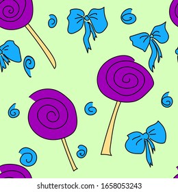 sweets and bows seamless pattern isolated on a blue background. Designer wallpaper, textile, fabric, packaging, wrapping paper. Vector illustration.
