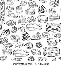 Sweets, bread, bakery, cake vector outline hand drawn vector seamless pattern isoalted on brignt background. Concept for print, menu, cards