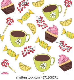 Sweets, bright background, seamless pattern