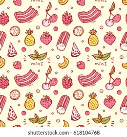 Sweets. Bubble Gum, Fruits, Berries Seamless pattern. Hand Drawn Doodle Chewing Gums. Vector illustration