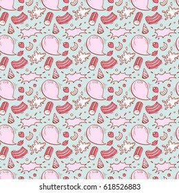 Sweets. Bubble Gum and Fruits Seamless pattern. Hand Drawn Doodle Chewing Gums. Vector illustration