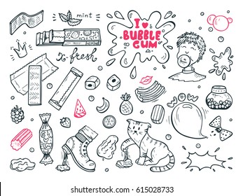 Sweets. Bubble Gum Set. Hand Drawn Doodle Chewing Gums and Candy.  Vector illustration