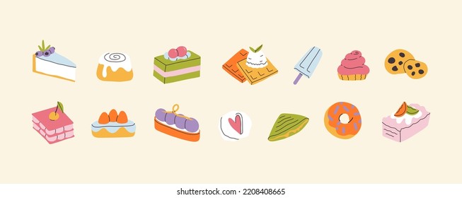 Bufé dulce sin azúcar. Pasteles como el rollo de canela, gofres, helado, tarta de queso, galletas, crepes, torta de zanahoria, quequitos, eclair, bizcochos. Concepto de panadería en color vibrante infantil