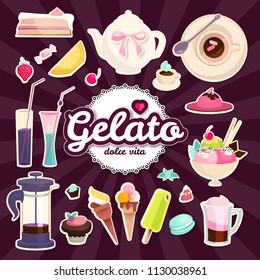 Sweets Cafe Set. Pastry, Coffee and Ice Cream Design. Vector illustration