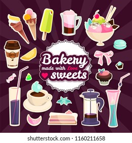 Sweets Cafe Set. Pastry, Coffee and Ice Cream Design. Vector illustration