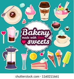 Sweets Cafe Set. Pastry, Coffee and Ice Cream Design. Vector illustration