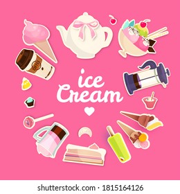 Sweets Cafe Set. Pastry, Coffee and Ice Cream Design. Vector illustration