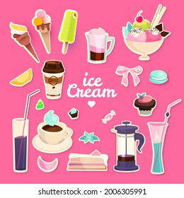 Sweets Cafe Set. Pastry, Coffee and Ice Cream Design. Vector illustration