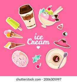 Sweets Cafe Set. Pastry, Coffee and Ice Cream Design. Vector illustration