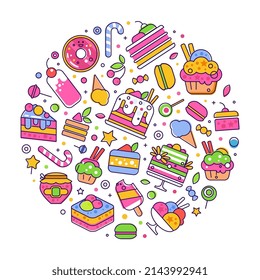 Sweets and Cake Dessert Arranged in Circle Vector Template