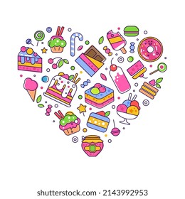 Sweets and Cake Dessert Arranged in Heart Shape Vector Template