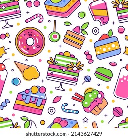 Sweets and Cake Dessert with Donut and Candy Cane Vector Seamless Pattern Template