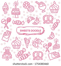 Sweets and cake doodle icon, Cute hand drawn and sketchy icon set