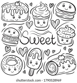 Sweets and cake sketching doodle icons set, Trendy and lovely hand drawn style