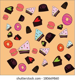 Sweets and cakes background. Vector illustration