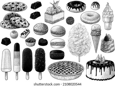 Sweets and cakes collection, illustration, drawing, engraving, ink, line art, vector