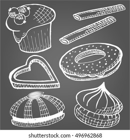 Sweets. Cakes and cookies. Food set. Sketch 